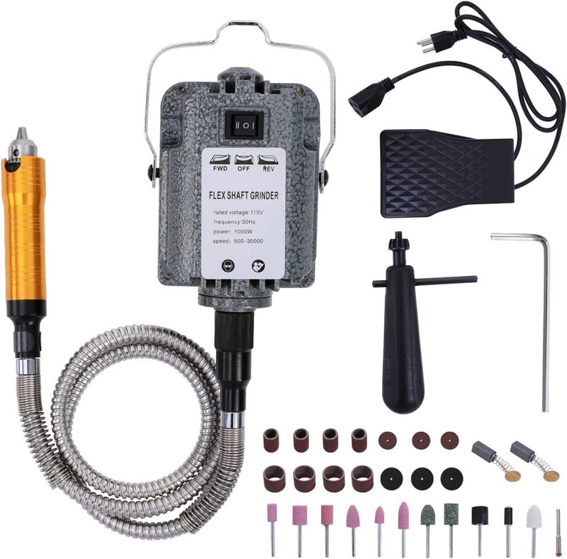 GESD 1000W 30000RPM Electric Flex Shaft Rotary Tool Foot Pedal Control Flex Shaft Hanging Grinder Carver Can Forward-Reverse Rotation, Multi-function Kit with Accessories for Carve-Buffing Diy Craft work - Image 1